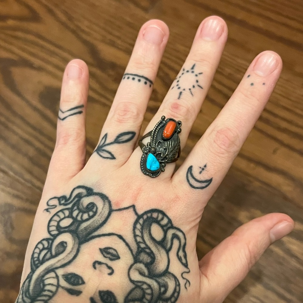 Vintage Native American Turquoise and Coral Ring